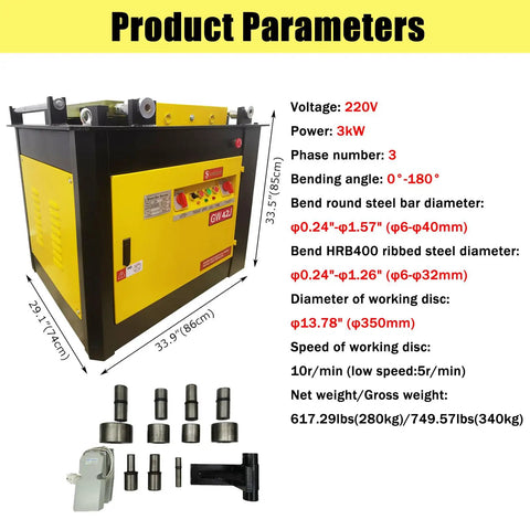 Heavy Duty Electric Rebar Bender Machine 3000 Watt Three Phase With Foot Switch For 6 To 40 Mm Round Steel Bars, showing product parameters and specifications.