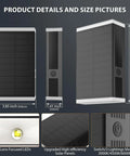 Hella Bright Solar Wall Light Outdoor featuring dimensions 3.85x1.41x6.33 inches and solar panel details.