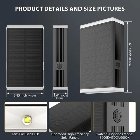 Hella Bright Solar Wall Light Outdoor featuring dimensions 3.85x1.41x6.33 inches and solar panel details.