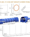 7 Piece Dog Agility Training Set For Backyard Fun with detailed dimensions of hurdles, jump ring, blue tunnels, and weave poles.