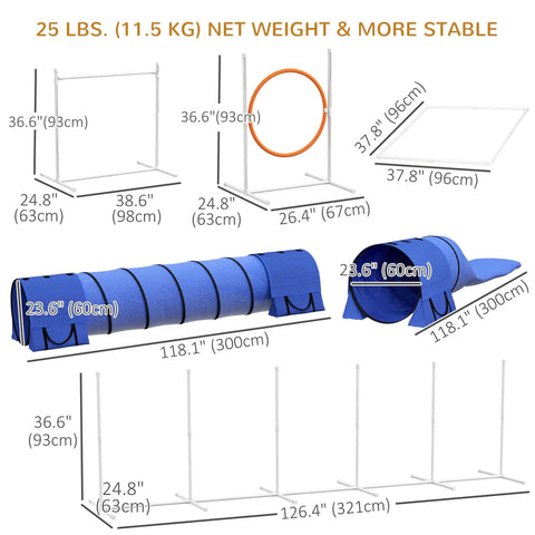 7 Piece Dog Agility Training Set For Backyard Fun with detailed dimensions of hurdles, jump ring, blue tunnels, and weave poles.