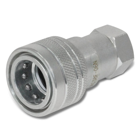 Front view of silver ISO 5675 Pioneer-style hydraulic quick-connect coupler with 3/8 in NPT thread