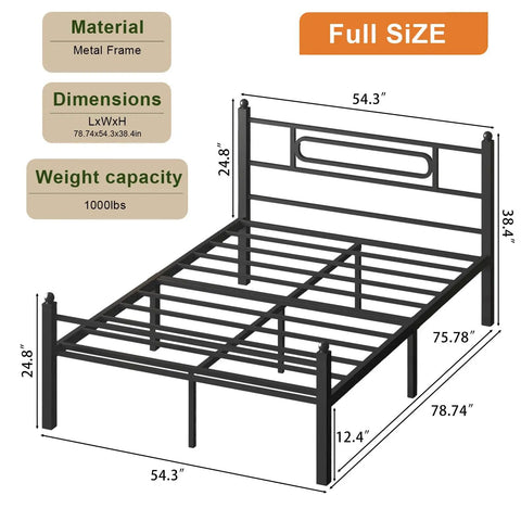 Top Shelf Black Metal Full Bed Frame With Headboard And Steel Slat Base Built Like A Tank For Solid Stability Plus Deep Under Bed Storage With Dimensions and Capacity