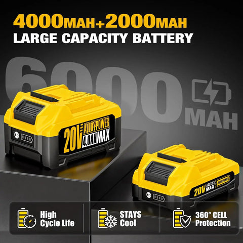 Heavy Hitting 20V Brushless Impact Wrench And Smooth 3/8 Inch Ratchet Combo Kit Delivers Pro Level Torque For Auto Repair And Garage Work With Killer Speed And Zero Hassle - 6000mAh large capacity battery in yellow, designed for high cycle life.