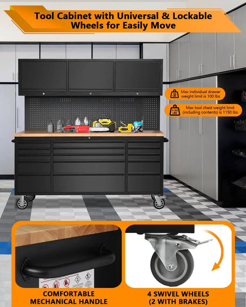 72-Inch Rolling Tool Cabinet With 15 Drawers 3 Top Cabinets And Pegboard Mobile Garage Tool Organizer With Anti Slip Liner For Warehouse And Repair Shop