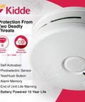 10 Year Photoelectric Smoke And Carbon Monoxide Alarm With Sealed Lithium Battery No Battery Change Over A Decade Kitchen Safe Combination Detector Model P3010K CO, side view with logo and features detailed.
