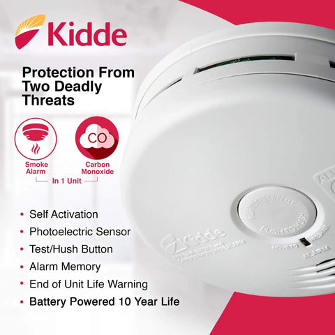 10 Year Photoelectric Smoke And Carbon Monoxide Alarm With Sealed Lithium Battery No Battery Change Over A Decade Kitchen Safe Combination Detector Model P3010K CO, side view with logo and features detailed.