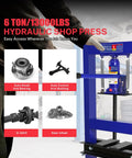 6 Ton Hydraulic Shop Press with stamping plates for auto repairs, heavy-duty bending, and straightening bearings and U-joints.