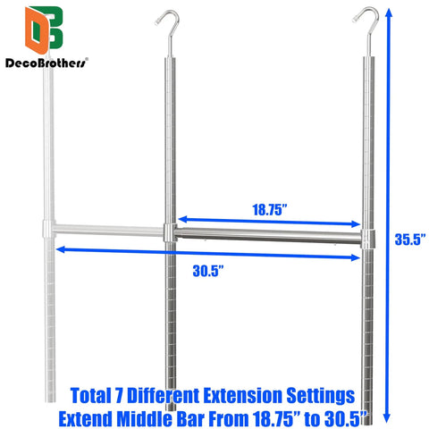 Adjustable Hanging Closet Rod Chrome Finish Extends From 18.75 To 30.5 Inches In 7 Positions And Stays Level With 1 Inch Height Adjustments