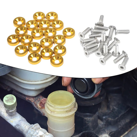 M6 Hex Head Bolt Screw Kit With Aluminum Washers For Fender, Bumper, Headlight And Trunk Mounts, 20 Piece Set, CNC Machined 6061 Aluminum Golden Finish, Engine Bay Ready, Heavy Duty Vibration Resistant Auto Body Fasteners for engine bay mounts