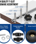 1/4-20 T Track Bolts And Knobs Kit, 45-Piece Hardware Set With Star Knobs And Thumb Knobs, Washers For Woodworking Jigs And Fixtures, Pro Grade All-In-One Kit For 1 In, 1-1/2 In, 2-1/2 In T Track Systems, zinc-plated steel bolts and black plastic knobs