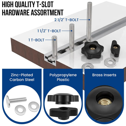 1/4-20 T Track Bolts And Knobs Kit, 45-Piece Hardware Set With Star Knobs And Thumb Knobs, Washers For Woodworking Jigs And Fixtures, Pro Grade All-In-One Kit For 1 In, 1-1/2 In, 2-1/2 In T Track Systems, zinc-plated steel bolts and black plastic knobs