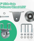 Heavy Duty 4 Inch V Groove Gate Wheel Kit Built Tough With 3000 Lbs Capacity overview with components and external mount bracket