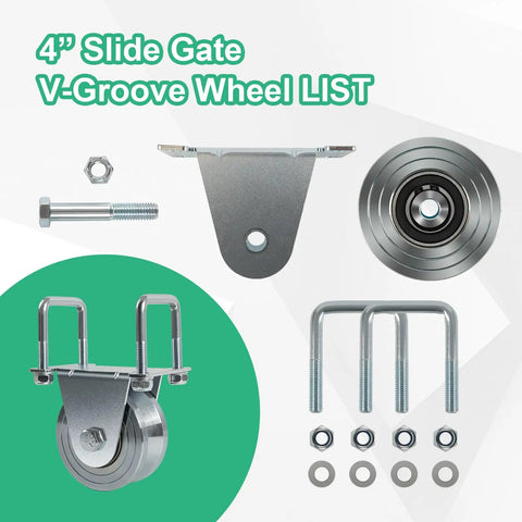 Heavy Duty 4 Inch V Groove Gate Wheel Kit Built Tough With 3000 Lbs Capacity overview with components and external mount bracket