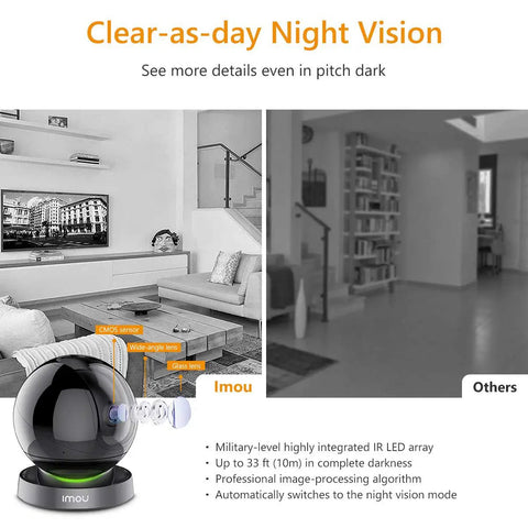 Indoor Security Camera 1080P HD WiFi 2.4G Only With 360 Degree View Night Vision showcased in a modern living room setting.