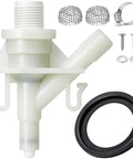 Killer Quality RV Toilet Water Valve Replacement Kit For Dometic 300 310 320 Models showing plastic valve, hose, screws, and seals.