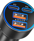 Close-up of Beast Mode Ninety Watt Usb C Car Charger With Four Quick Charge Ports showcasing dual USB-C and QC3.0 ports.