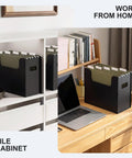 Desktop Hanging File Organizer Box With Five Army Green Hanging File Folders Letter Size on home office desk and shelf.
