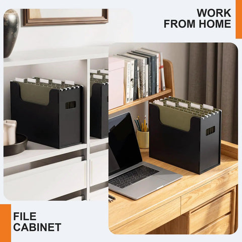 Desktop Hanging File Organizer Box With Five Army Green Hanging File Folders Letter Size on home office desk and shelf.