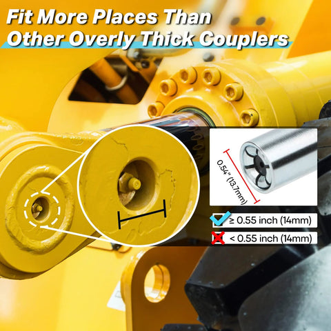 Close-up of a grease gun coupler on a yellow industrial machine, showing 1/8 in NPT grease fitting compatibility.