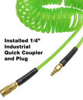 Recoil Air Hose for Air Compressor 1/4 Inch Inner Diameter, 25 Feet Self Coiling, Bend Restrictor, Pro Grade No Kink Quick Coupler