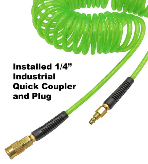 Kickass Polyurethane Recoil Air Compressor Hose 1/4 Inch By 50 Feet with installed quick coupler and plug in vibrant green color.