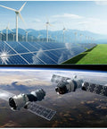 Solar panels and wind turbines in a field with a spacecraft orbiting Earth in space