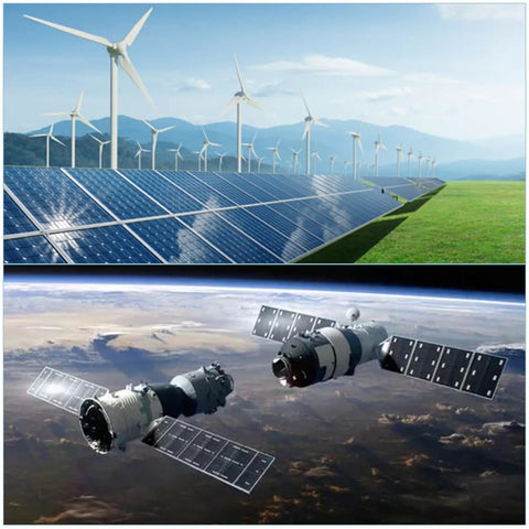 Solar panels and wind turbines in a field with a spacecraft orbiting Earth in space