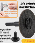 53 pack 2 inch die grinder cut off wheels with 3/8 inch arbor shown with 1/4 inch stem mount mandrel kit and measurement calipers