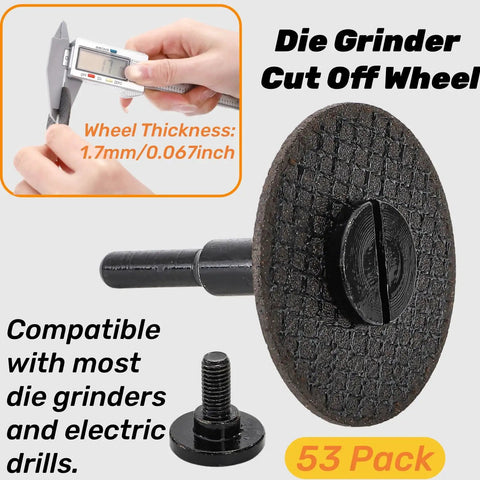 53 pack 2 inch die grinder cut off wheels with 3/8 inch arbor shown with 1/4 inch stem mount mandrel kit and measurement calipers