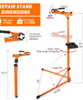 Heavy Duty E Bike Repair Stand Portable Foldable Workstand With 176 Lb Capacity and Tool Tray, Orange with Dimensions Shown