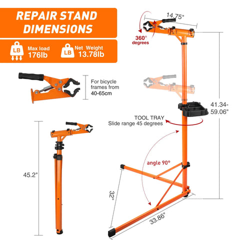 Heavy Duty E Bike Repair Stand Portable Foldable Workstand With 176 Lb Capacity and Tool Tray, Orange with Dimensions Shown