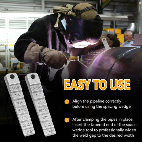 Three Quarter Inch By Four Inch Welding Wedge Set With Seven Level Step Gauge For Precise Pipe Gap Spacing Reproducible Weld Bead Gaps And Tight Tolerances In Pipe Fittings For Pro Welds. Pipe welder using stainless steel gap gauge on a large weld seam