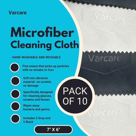 Front view of Varcare microfiber camera lens cleaning cloths, pack of 10, 7 x 6 inches.
