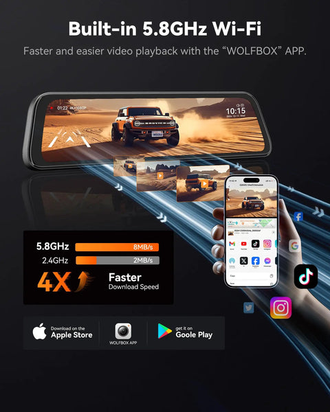 12 Inch 4K Front Dash Cam With 1080P Rear, Smart Mirror Backup System, showing WiFi speed on smartphone app interface