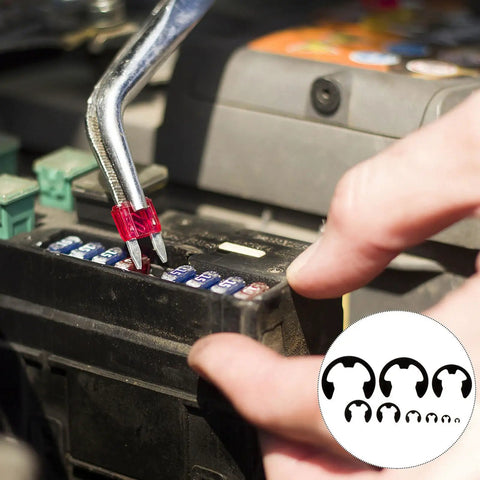 Hands using All In One External Circlip Retaining Rings Kit With 328 Pieces In Black Manganese Steel Snap Clips in engine area
