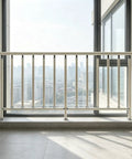 Rock Solid White Mezzanine Railing Guard With Zero Fuss Tool Free Window Mount For Balconies Decks Stairs Heavy Duty Aluminum Steel Security Barrier Quick Setup in modern indoor setting.