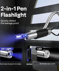 HVAC leak detector pen flashlight with UV inspection light and LED; silver metal body, black grip.