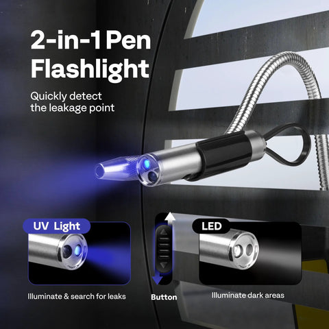 HVAC leak detector pen flashlight with UV inspection light and LED; silver metal body, black grip.