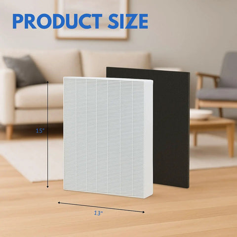 Pro Grade Replacement True HEPA Filter With Activated Carbon Pre Filter shown in size comparison, 15x13 inches.