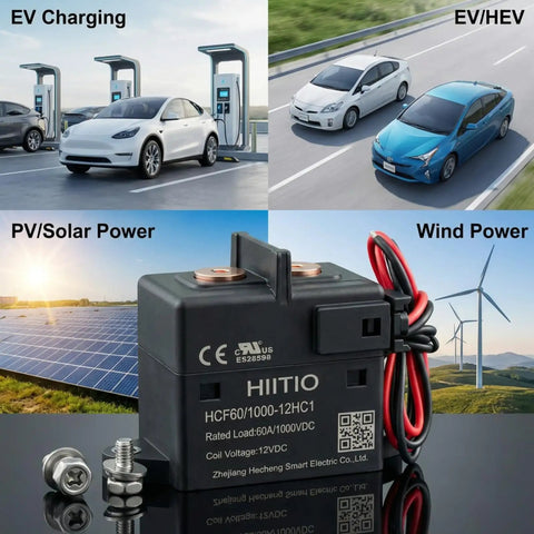 Heavy Duty 60A 1000VDC High Voltage Ceramic DC Contactor Relay With 12V Coils showcased near EV charging, solar panels, and wind turbines.