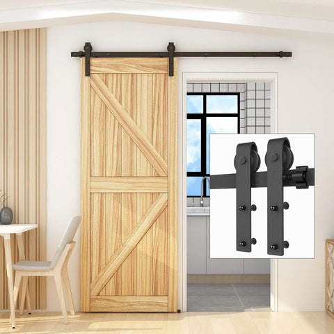 6 Foot Sliding Barn Door Hardware Kit With Floor Guide And Spring Damping Stopper, Ultra Quiet And Smooth Operation, Black Finish