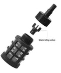 Exploded view of hose inlet filter with 60-mesh stainless steel screen and water stop valve.