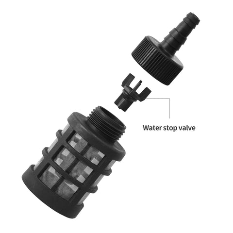 Exploded view of hose inlet filter with 60-mesh stainless steel screen and water stop valve.