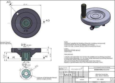 Technical drawing of Four Inch Handwheel With Half Inch Bore Heavy Duty Crank Handle for industrial use with dimensions and specifications.