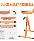 Built Tough Heavy Duty Folding Roller Stand 2 Pack With Adjustable Height showing parts for easy assembly and assembly tools.