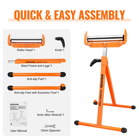 Built Tough Heavy Duty Folding Roller Stand 2 Pack With Adjustable Height showing parts for easy assembly and assembly tools.