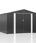 10x10 Foot Storage Shed For Backyard And Garden, Metal Tool Shed With Lockable Doors And Upgraded Frame For Easy Assembly, Outdoor Weather Resistant Storage For Patio Lawn And Garden, Grey, front view showing lockable doors.