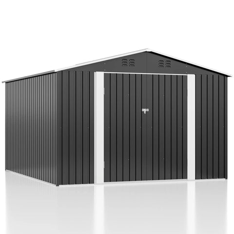 10x10 Foot Storage Shed For Backyard And Garden, Metal Tool Shed With Lockable Doors And Upgraded Frame For Easy Assembly, Outdoor Weather Resistant Storage For Patio Lawn And Garden, Grey, front view showing lockable doors.