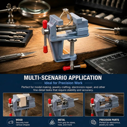360 Degree Rotating Mini Bench Vise Clamp For Crafting And Jewelry Making On A Table Mount With tools and ring